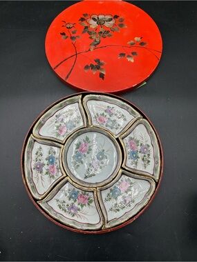 Vintage Japanese Sectioned Serving Tray with Red Decorative display box